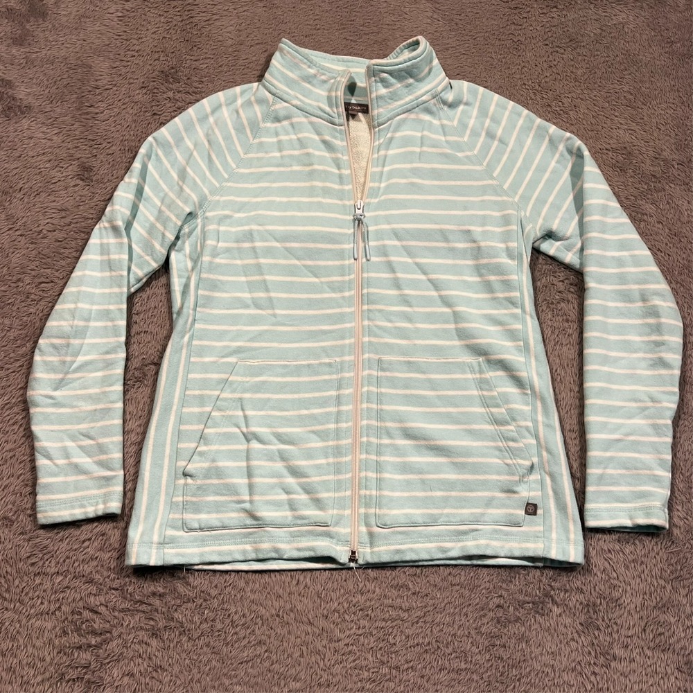 T by Talbots Full Zip Sweater‎ Light Blue Striped Mock Neck Women's Small